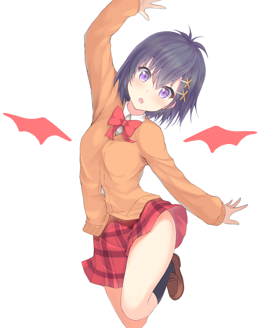 1girl, arm_up, bangs, black_hair, blush, cardigan, gabriel_dropout, hair_ornament