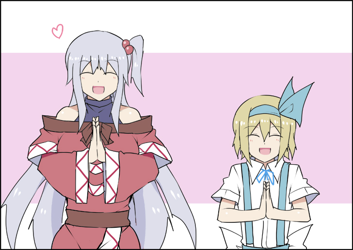 2girls, adapted_costume, alice_margatroid, alice_margatroid_(pc-98), bangs, blonde_hair, blue_skirt, border, breasts, collared_shirt, dress, flat_chest, hair_between_eyes, hairband, happy, heart, kenuu_(kenny), koi_dance, leotard, looking_at_viewer, medium_breasts, mother_and_daughter, multiple_girls, off_shoulder, open_mouth, pink_background, red_dress, ribbon, shinki, shirt, sidelocks, silver_hair, skirt, smile, suspender_skirt, suspenders, touhou, touhou_(pc-98), turtleneck, two-tone_background, upper_body, white_background, white_shirt