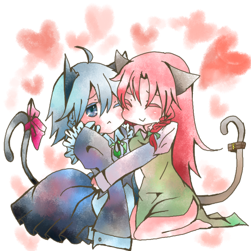 2girls, :>, animal_ears, bad_id, blue_eyes, blush, cat_ears, cat_tail, chibi, heart, hong_meiling, izayoi_sakuya, long_hair, lowres, maid, multiple_girls, red_hair, redhead, ribbon, ribbons, short_hair, silver_hair, tail, tail_ribbon, touhou, tsumito