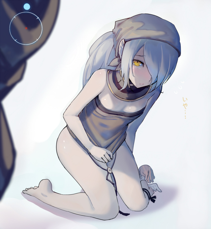 1girl, arm_behind_back, bare_legs, cecie_(gravity_daze), commentary_request, dress, full_body, gravity_daze, gravity_daze_2, hair_over_one_eye, hand_on_lap, heads-up_display, highres, kerchief, kneeling, long_hair, looking_at_viewer, ponytail, shadow, shiny, shiny_skin, solo, strapless, strapless_dress, tube_dress, walzrj, white_background, white_hair, yellow_eyes