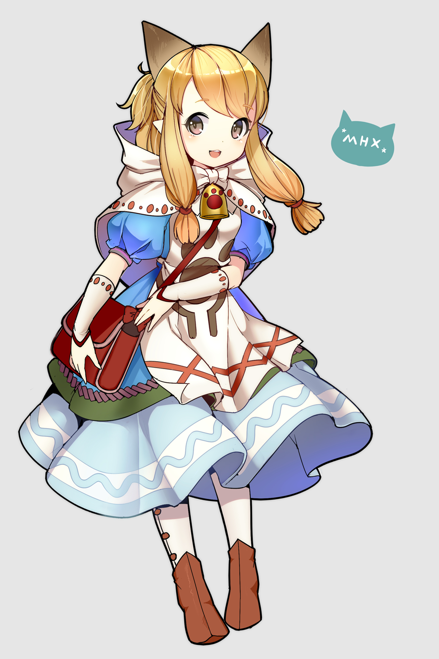 1girl, :d, animal_ears, arm_at_side, arm_guards, bag, bangs, bell