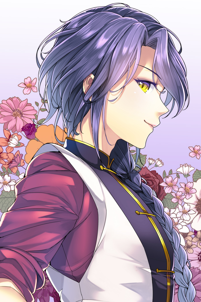 1boy, bangs, braid, chinese_clothes, closed_mouth, eyebrows_visible_through_hair, eyelashes, floral_background, flower, from_side, fushigi_yuugi, gradient, gradient_background, hair_over_shoulder, long_hair, looking_at_viewer, male_focus, nasubi_(w.c.s), nuriko_(fushigi_yuugi), orange_flower, pink_flower, profile, purple_background, purple_flower, purple_hair, red_rose, rose, side_glance, single_braid, sleeves_rolled_up, smile, solo, trap, upper_body, white_flower, yellow_eyes