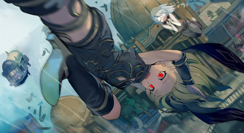 2girls, blonde_hair, bodysuit, boots, bracer, building, cecie_(gravity_daze), commentary_request