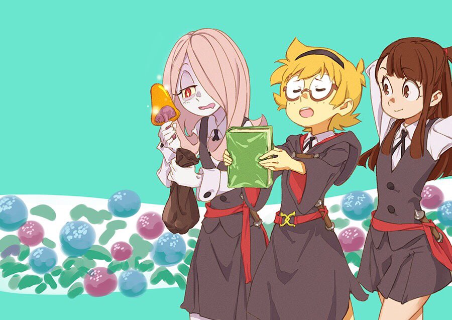 3girls, akko_kagari, belt, blonde_hair, book, brown_eyes, brown_hair, closed_eyes