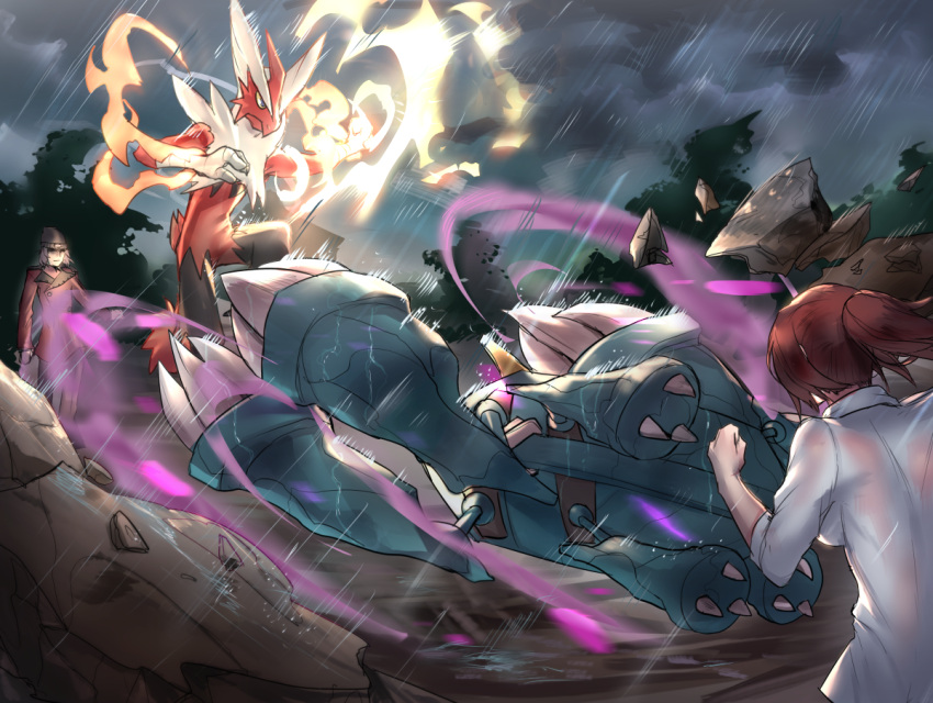 1boy, 1girl, battle, beanie, blaziken, brown_hair, claws, clenched_hand