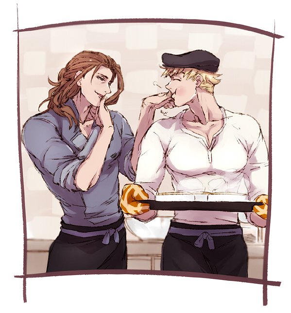 2boys, alternate_costume, apron, black_hat, blonde_hair, cabbie_hat, collarbone, feeding