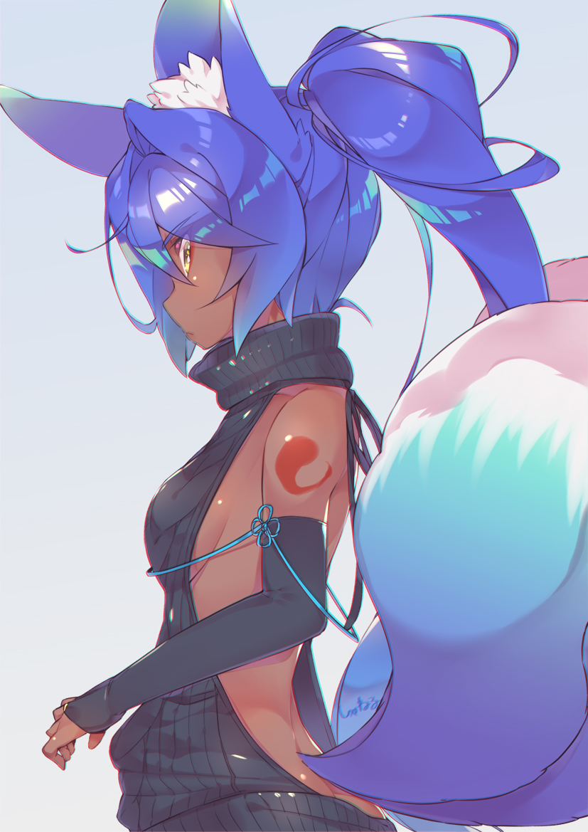 1girl, animal_ears, arm_ribbon, arm_tattoo, backless_outfit, bangs, bare_back, bare_shoulders
