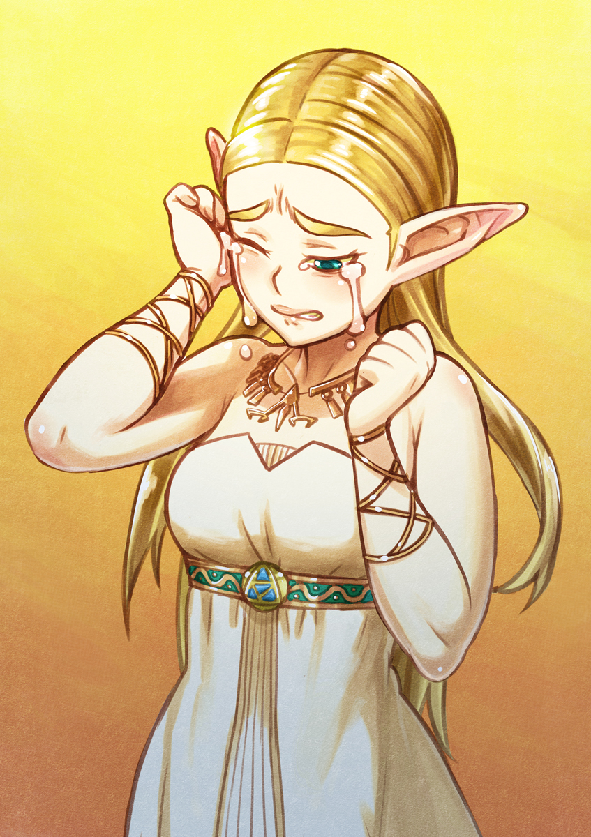 1girl, bare_shoulders, blonde_hair, bracelet, crying, dress, gown, green_eyes