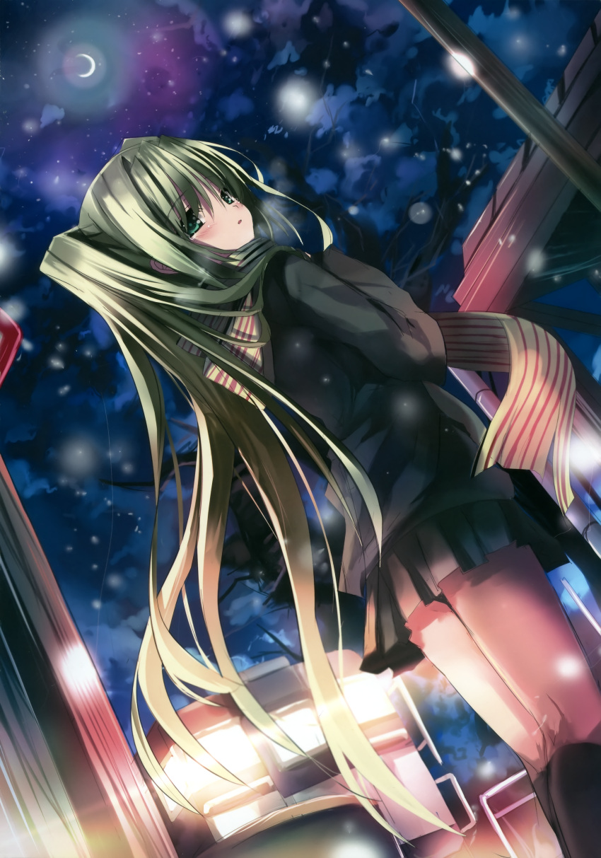 coat, eefy, green_eyes, green_hair, hatsune_miku, night, pleated_skirt, scarf