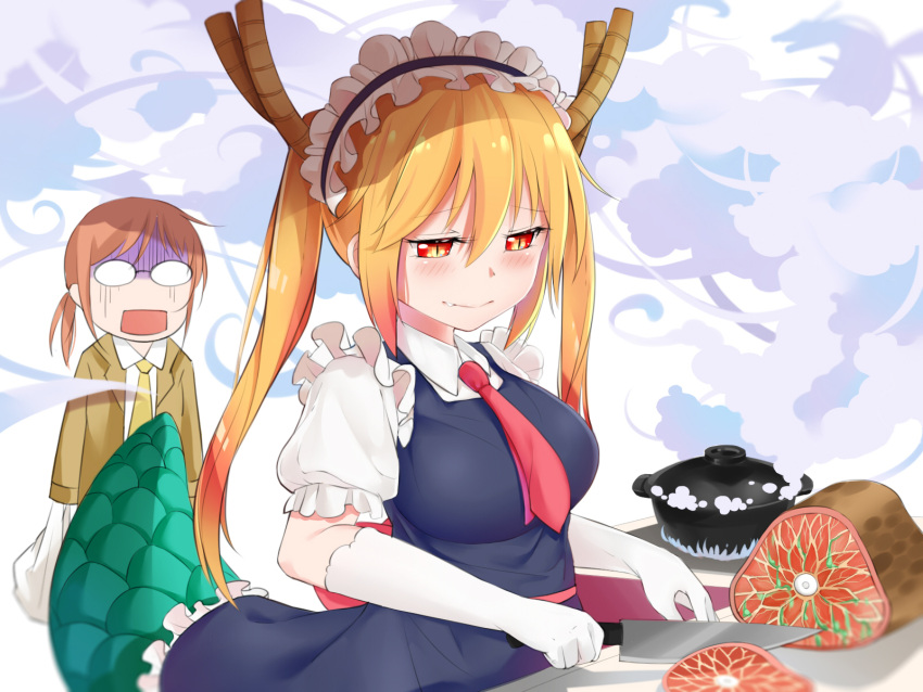 2girls, bag, blonde_hair, blush, breasts, cooking, dragon_girl, dragon_tail