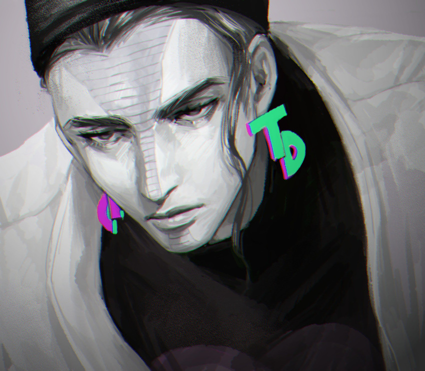1boy, chromatic_aberration, earrings, expressionless, facial_mark, greyscale, headband, highres