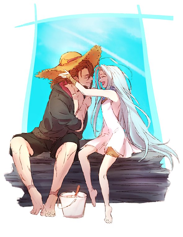 1boy, 1girl, adjusting_clothes, adjusting_hat, alternate_costume, bare_shoulders, barefoot, blue_hair