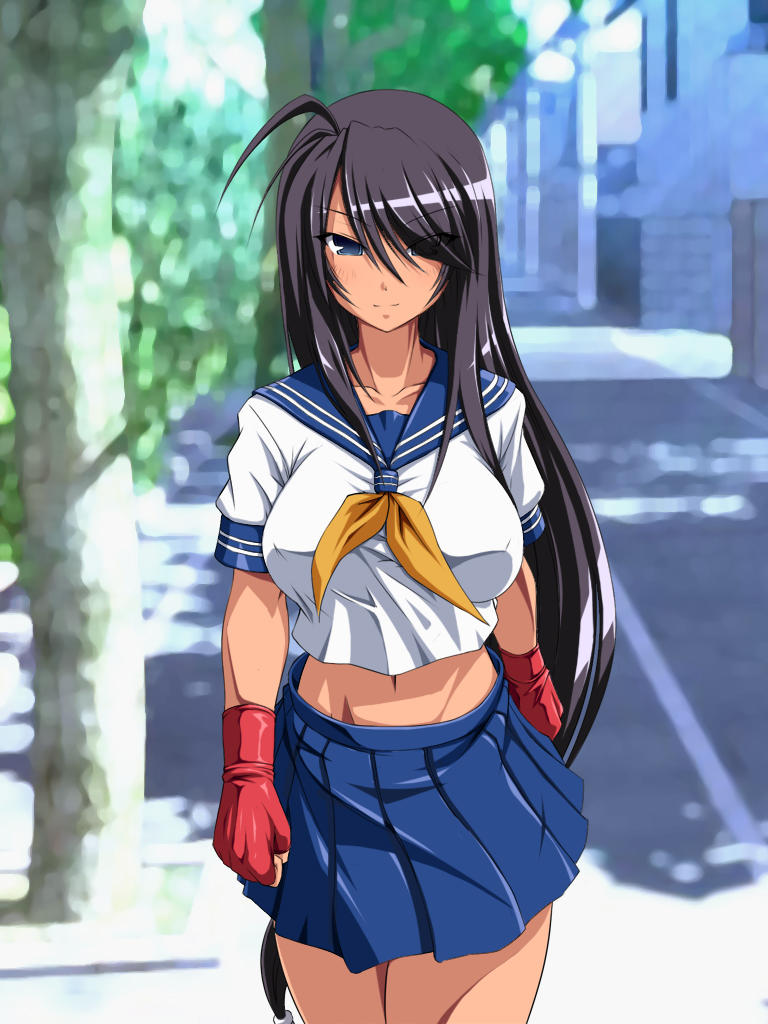 breasts, gloves, ikkitousen, kan'u_unchou, kanu_unchou, large_breasts, long_hair, midriff, oni_kiyou, onigiri_(ocelot), purple_hair, school_uniform, skirt, very_long_hair