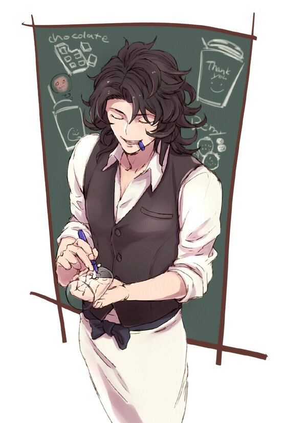 1boy, apron, black_hair, blue_eyes, bow, chalkboard, closed_eyes, from_above