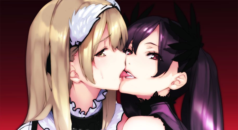 2girls, bangs, biting, blonde_hair, close-up, gradient, gradient_background, hair_ornament