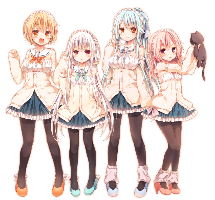 4girls, :3, ameko_(kasu), bare_shoulders, black_cat, black_legwear, blonde_hair, blue_hair, blush, breasts, cat, detached_sleeves, downscaled, full_body, hairband, highres, kasako_(kasu), komeshiro_kasu, leg_warmers, long_hair, looking_at_viewer, low_twintails, md5_mismatch, multiple_girls, n'a_(kasu), orange_eyes, original, pantyhose, pigeon-toed, pink_eyes, pink_hair, resized, sailor_collar, short_hair, simple_background, skirt, standing, twintails, very_long_hair, white_background, white_hair