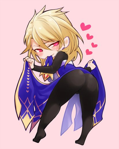 1boy, aglovale_(granblue_fantasy), ass, black_legwear, blonde_hair, chibi, dress, dress_lift, full_body, granblue_fantasy, heart, heart-shaped_pupils, long_hair, looking_back, male_focus, naughty_face, pantyhose, pink_background, pink_eyes, simple_background, siwomi, solo, symbol-shaped_pupils