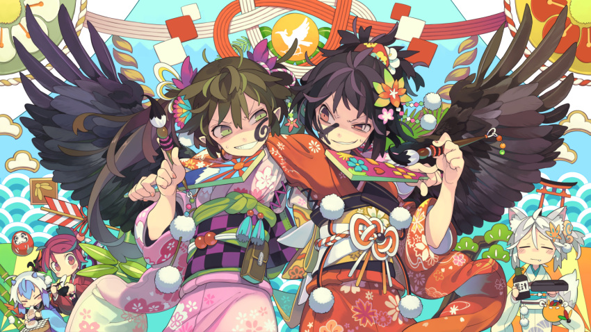 5girls, animal_ears, arm_around_shoulder, bamboo, belt_pouch, bird, bird_wings, black_hair
