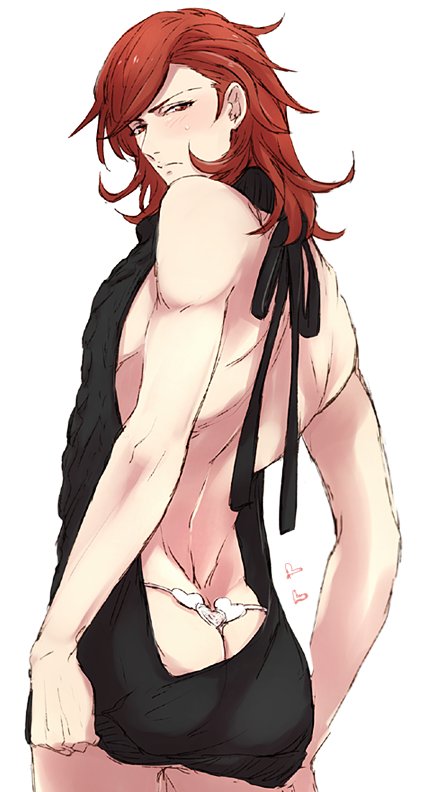 1boy, aran_sweater, ass, back, backless_outfit, bare_back, black_sweater, cowboy_shot, dress, embarrassed, granblue_fantasy, halterneck, heart, lips, long_hair, looking_at_viewer, looking_back, male_focus, naked_sweater, percival_(granblue_fantasy), red_eyes, redhead, ribbed_sweater, simple_background, siwomi, solo, sweater, sweater_dress, thong, turtleneck, turtleneck_sweater, virgin_killer_sweater