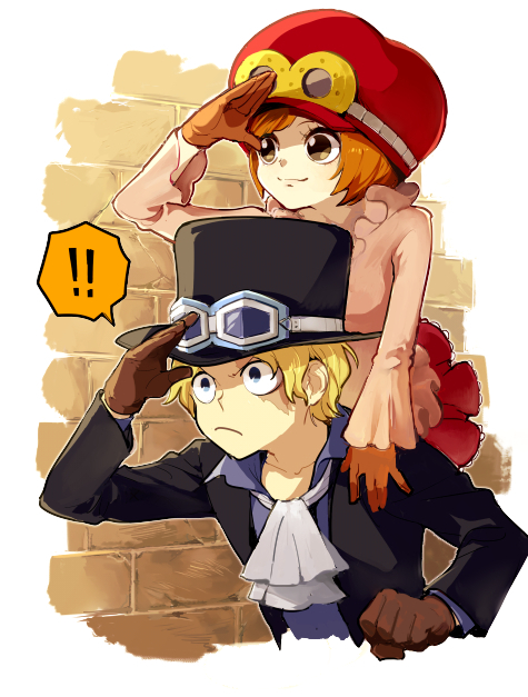 1boy, 1girl, blonde_hair, blue_eyes, brick_wall, brown_eyes, brown_gloves, cravat