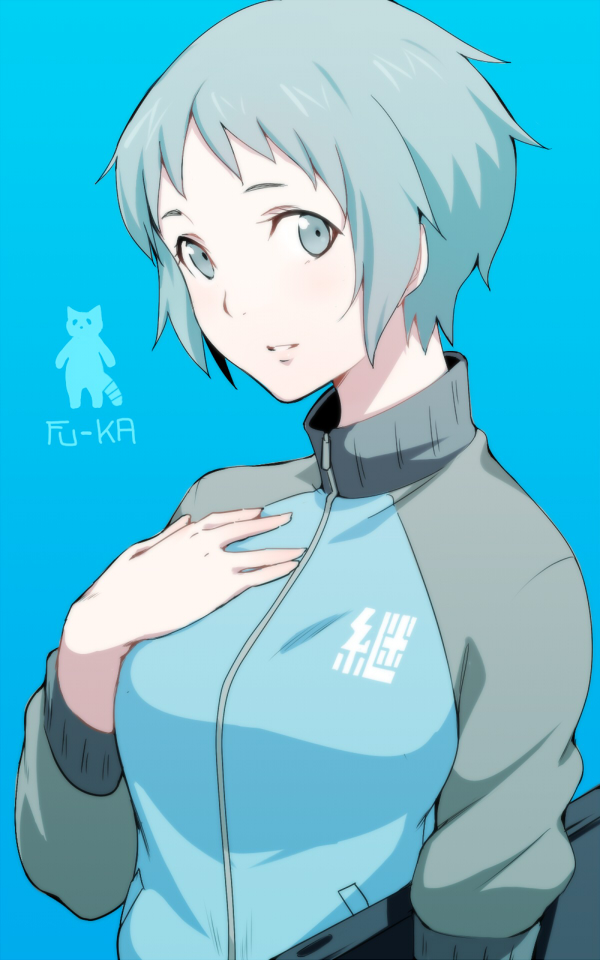 1girl, actas, aqua_hair, atlus, blue_eyes, em, girls_und_panzer, hand_on_own_chest, jacket, keizoku_(emblem), looking_at_viewer, megami_tensei, mika_(girls_und_panzer), noto_mamiko, persona, persona_3, seiyuu_connection, shin_megami_tensei, short_hair, smile, solo, yamagishi_fuuka