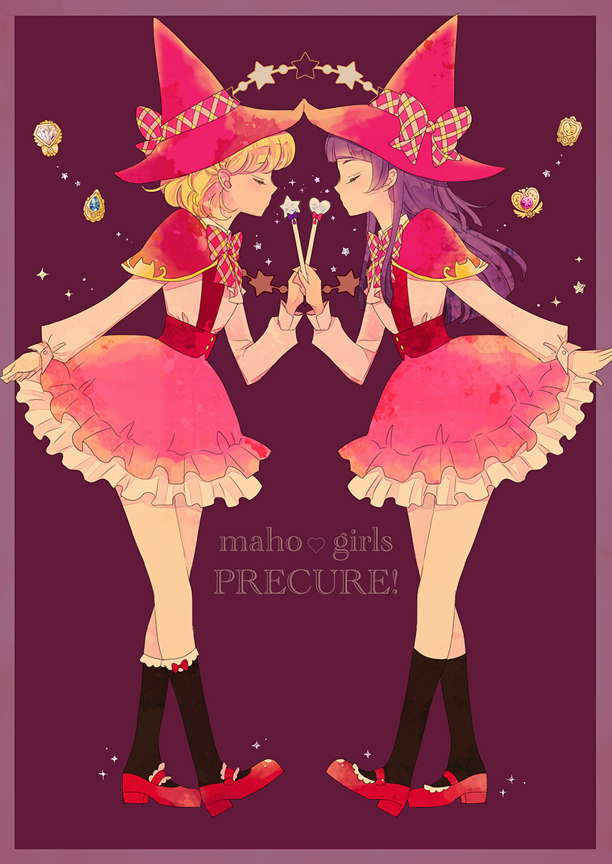2girls, asahina_mirai, black_legwear, blonde_hair, bow, closed_eyes, copyright_name, hat, highres, izayoi_liko, kneehighs, long_hair, mahou_girls_precure!, mary_janes, multiple_girls, pink_hat, pink_skirt, plaid, plaid_bow, precure, purple_background, purple_hair, red_shoes, saki_(hxaxcxk), shirt, shoes, short_hair, skirt, text, white_shirt, witch_hat