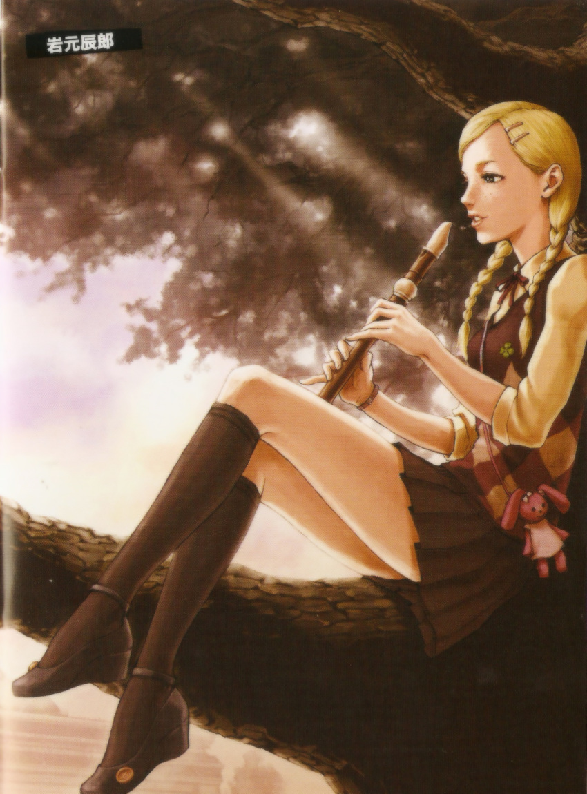 1girl, black_shoes, blonde_hair, braid, doll, flute, grasshopper_manufacture, hair_ornament, hairpin, highres, instrument, kimmy_howell, no_more_heroes, no_more_heroes_2, shoes, skirt, solo, tree