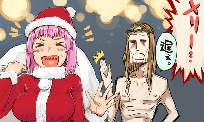 >_<, christmas, hat, jesus, jesus_christ, long_hair, purple_hair, sanae