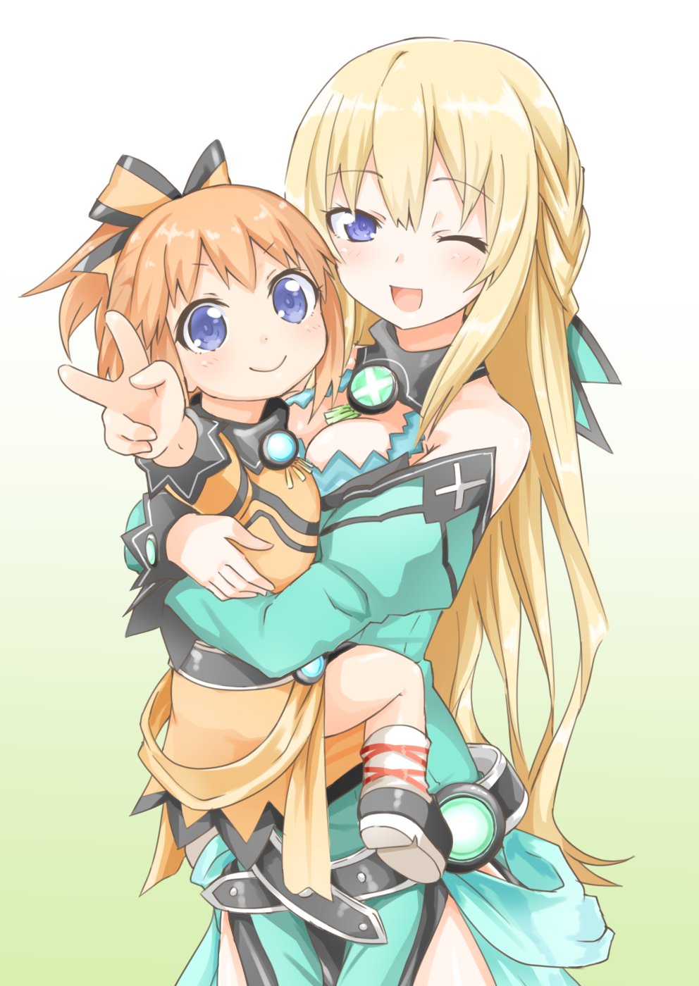 2girls, alternate_costume, bare_shoulders, blonde_hair, blue_eyes, blush, breasts, choujigen_game_neptune