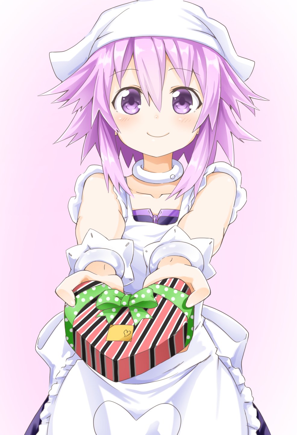 1girl, apron, box, chocolate, chocolate_heart, choker, choujigen_game_neptune, gift