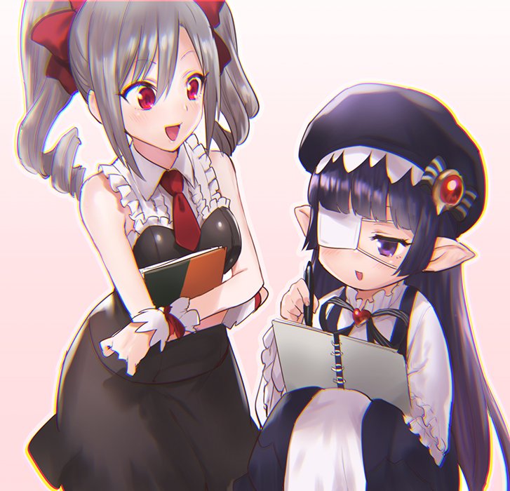 2girls, book, bowcan, eyepatch, gothic, gothic_lolita, granblue_fantasy, green_hair