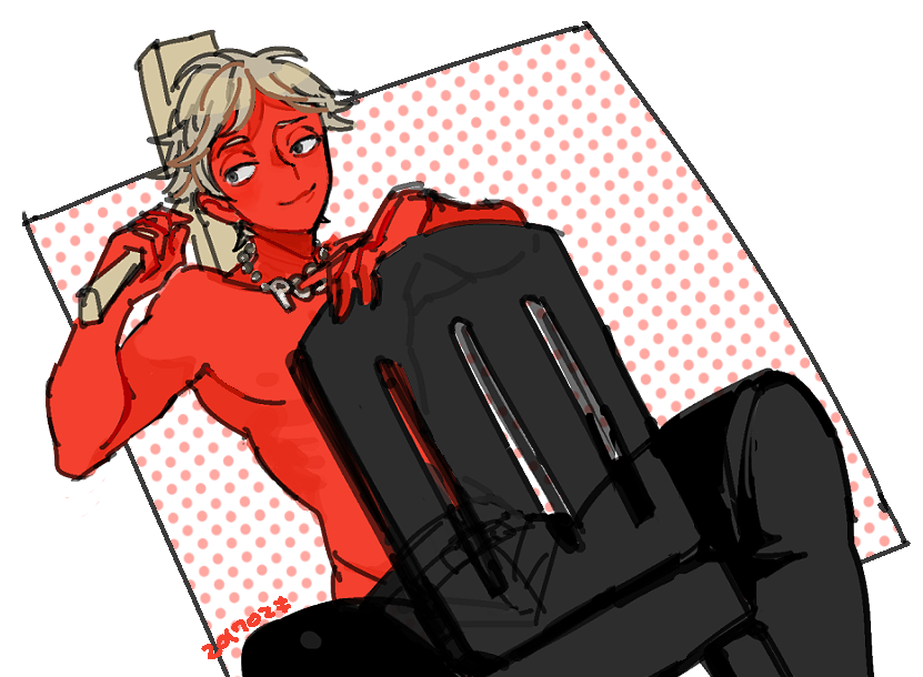 1boy, blonde_hair, chain_necklace, chair, charao_post, dated, dutch_angle, floating