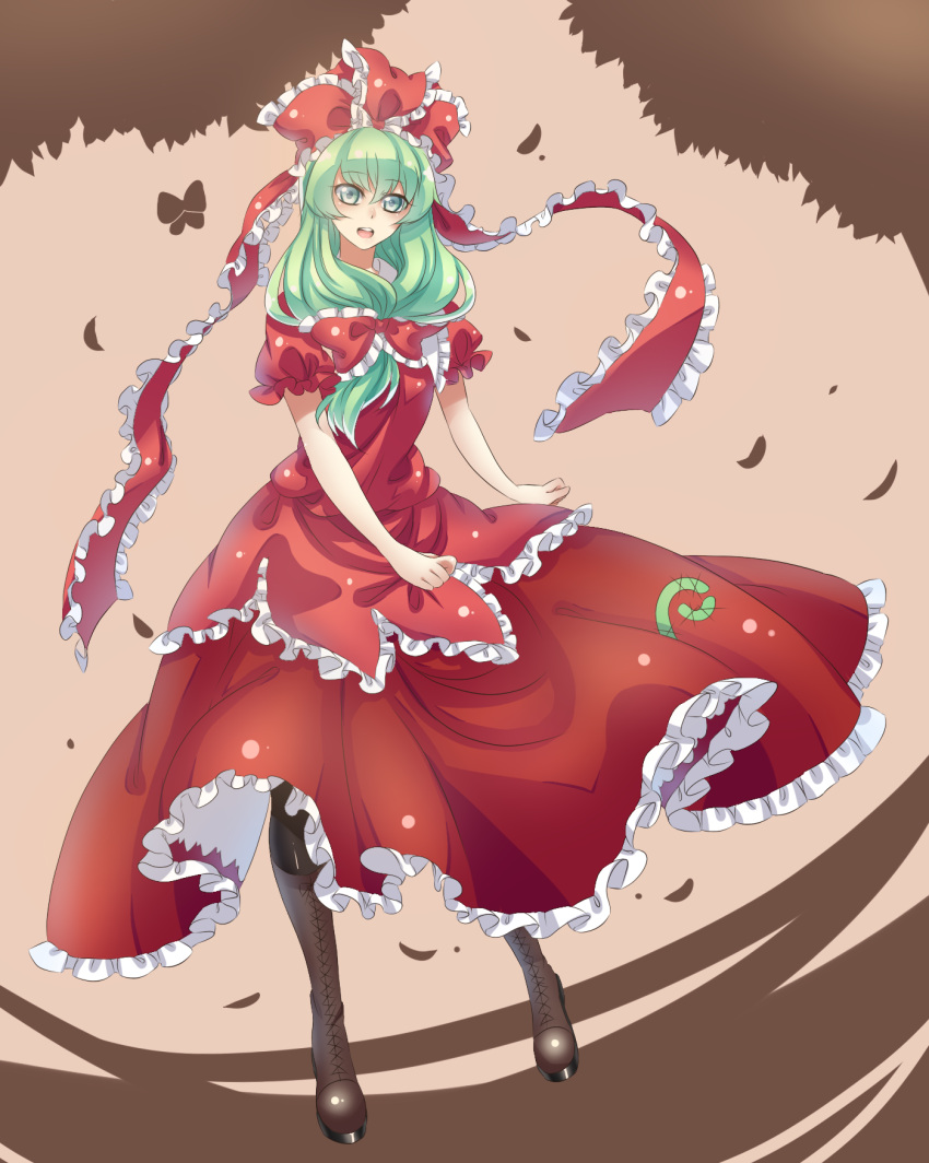 1girl, boots, butterfly, endwhite, green_eyes, green_hair, highres, kagiyama_hina, long_skirt, open_mouth, red_ribbon, ribbon, skirt, skirt_set, smile, solo, touhou, tree, wind