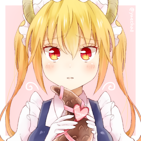 1girl, bangs, blonde_hair, blush, chocolate, dragon_girl, dragon_horns, dragon_tail