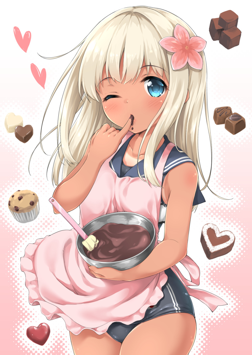 1girl, blue_eyes, bracelet, chocolate, crop_top, flower, hair_flower, hair_ornament