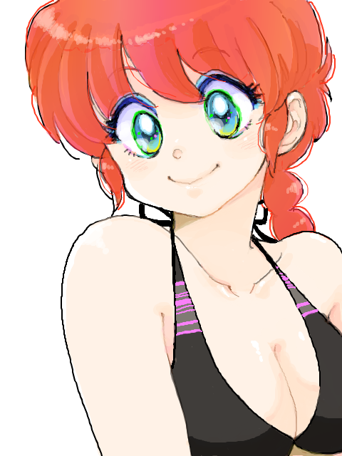 1girl, bare_shoulders, bikini, braid, breasts, cleavage, collarbone, eyebrows_visible_through_hair