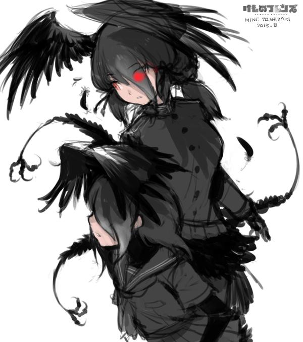 2girls, black_hair, covering, eyes_visible_through_hair, hair_over_one_eye, hair_ribbon, head_wings, jungle_crow_(kemono_friends)