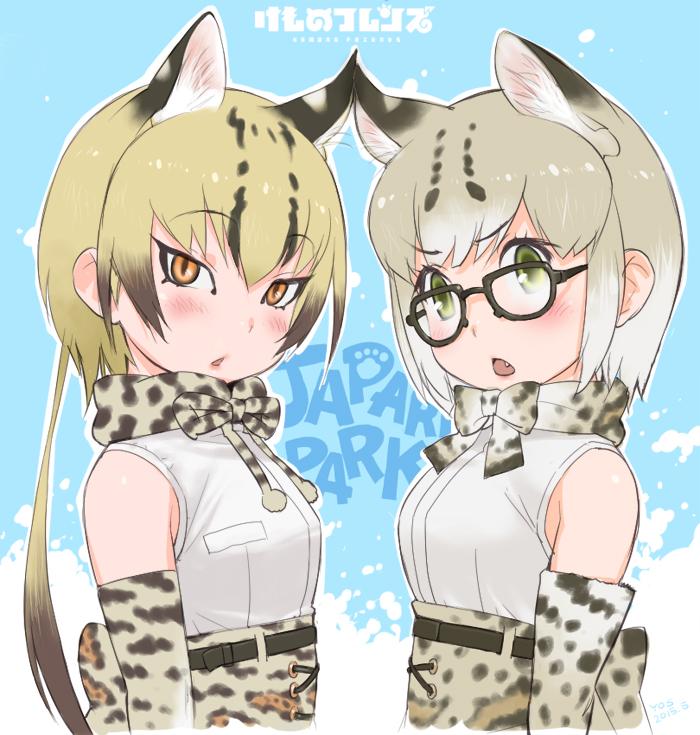 2girls, animal_ears, animal_print, arm_at_side, bare_shoulders, blonde_hair, blue_background, bow