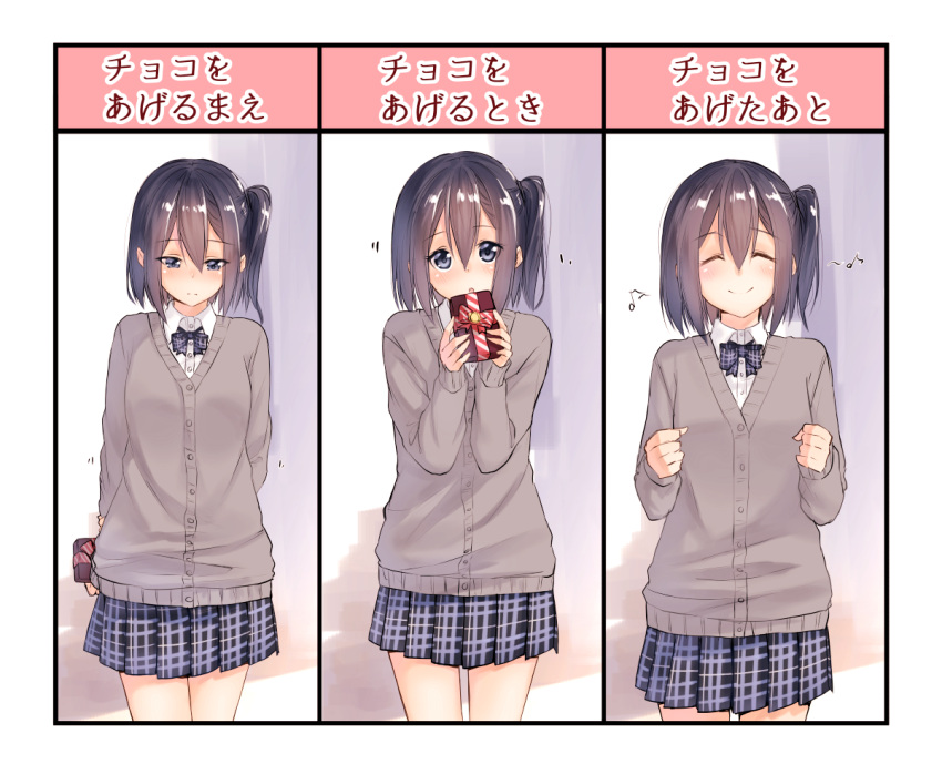1girl, ^_^, arms_behind_back, bangs, black_hair, blue_bow, blue_bowtie, blue_eyes