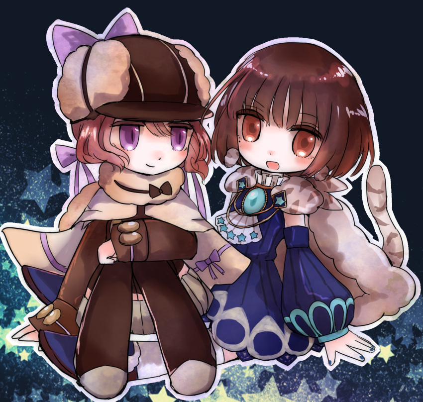 2girls, black_hair, butter_run, chibi, detick_bell, hat, highres, lapis_lazuline