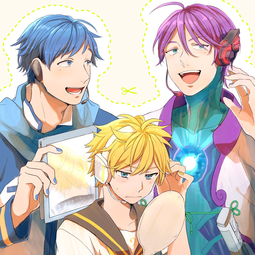3boys, ahoge, alternate_hair_length, alternate_hairstyle, blonde_hair, blue_eyes, blue_hair, creamyya