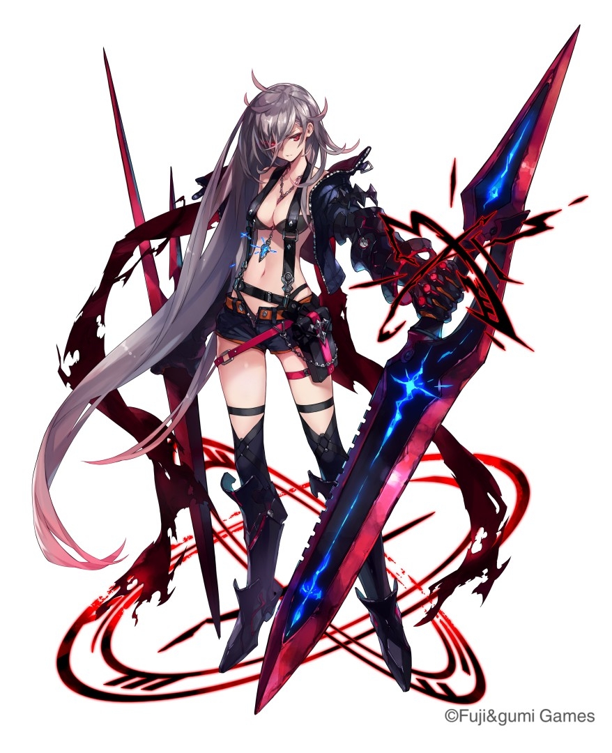 belt, between_breasts, bikini, bikini_top, breasts, cleavage, company_name, dark_persona, dark_power, gauntlets, glowing, glowing_eyes, glowing_weapon, gradient_hair, greaves, jacket, jacket_on_shoulders, laevateinn_(phantom_of_the_kill), legband, long_hair, multicolored_hair, navel, official_art, phantom_of_the_kill, pouch, scarf, scarf_removed, shorts, suspenders, swimsuit, sword, thigh-highs, torn_clothes, torn_scarf, transparent_background, unzipped, very_long_hair, weapon