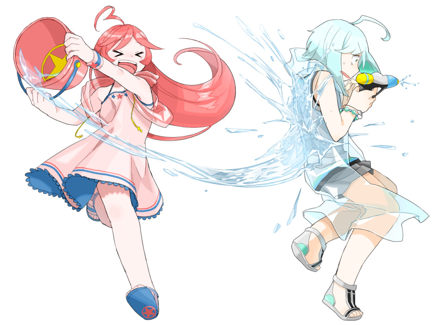 1boy, 1girl, ahoge, aqua_hair, bucket, child, creamyya, dress, highres, humanization, pink_hair, raincoat, sandals, sf-a2_miki, shorts, sleeveless, smile, splashing, sundress, transparent_background, utatane_piko, vest, vocaloid, water, younger
