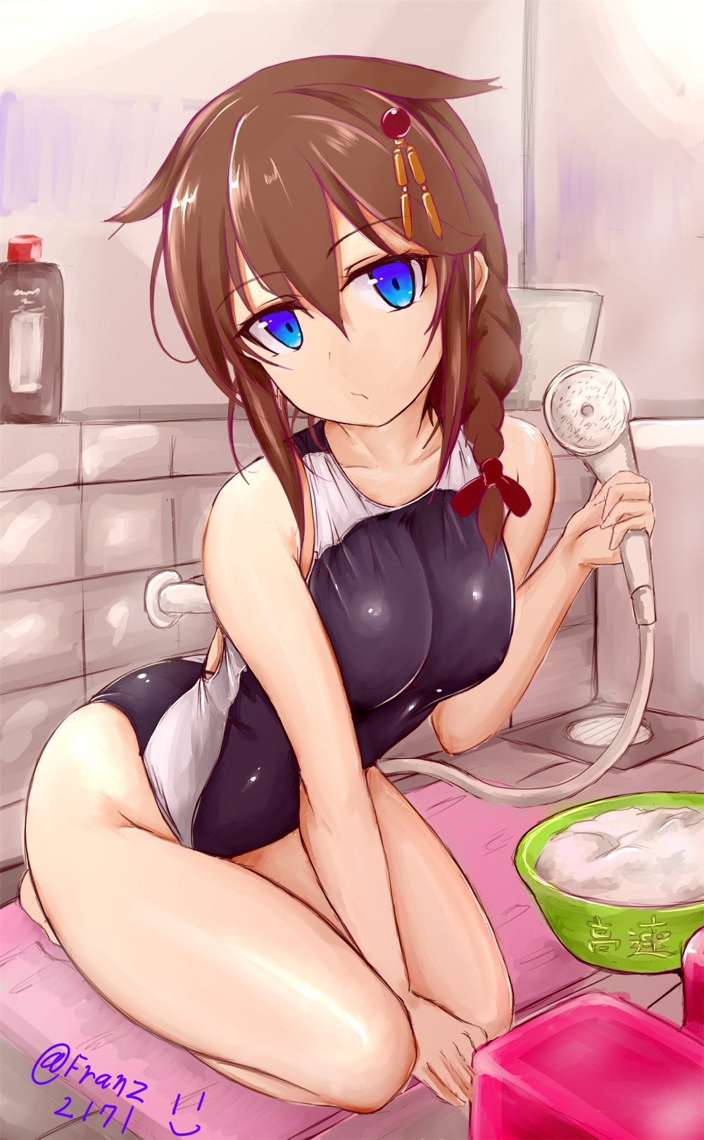 1girl, bathing, bathroom, between_legs, blue_eyes, bottle, braid, breasts