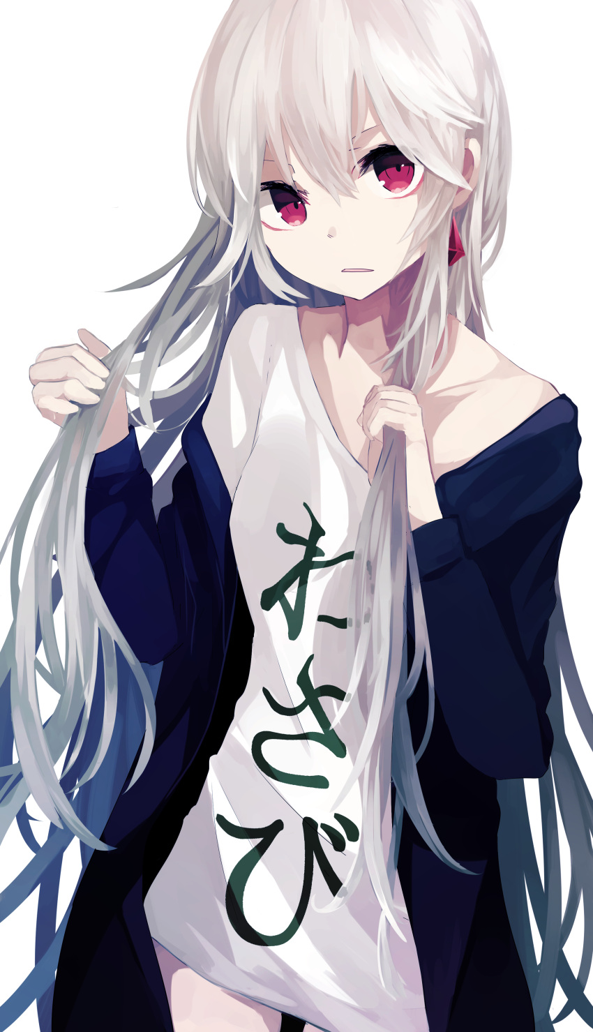 1girl, absurdres, albino, bangs, cardigan, clothes_writing, cowboy_shot, earrings