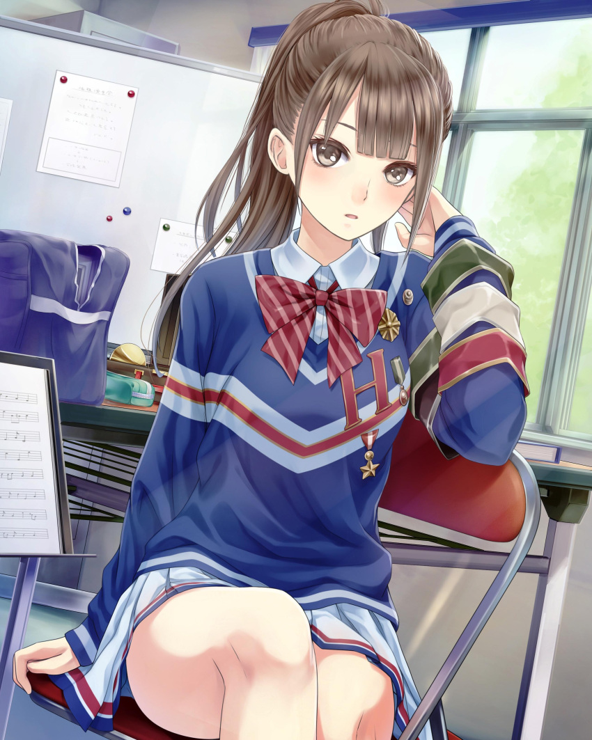 1girl, :o, absurdres, badge, bag, brown_eyes, brown_hair, chair