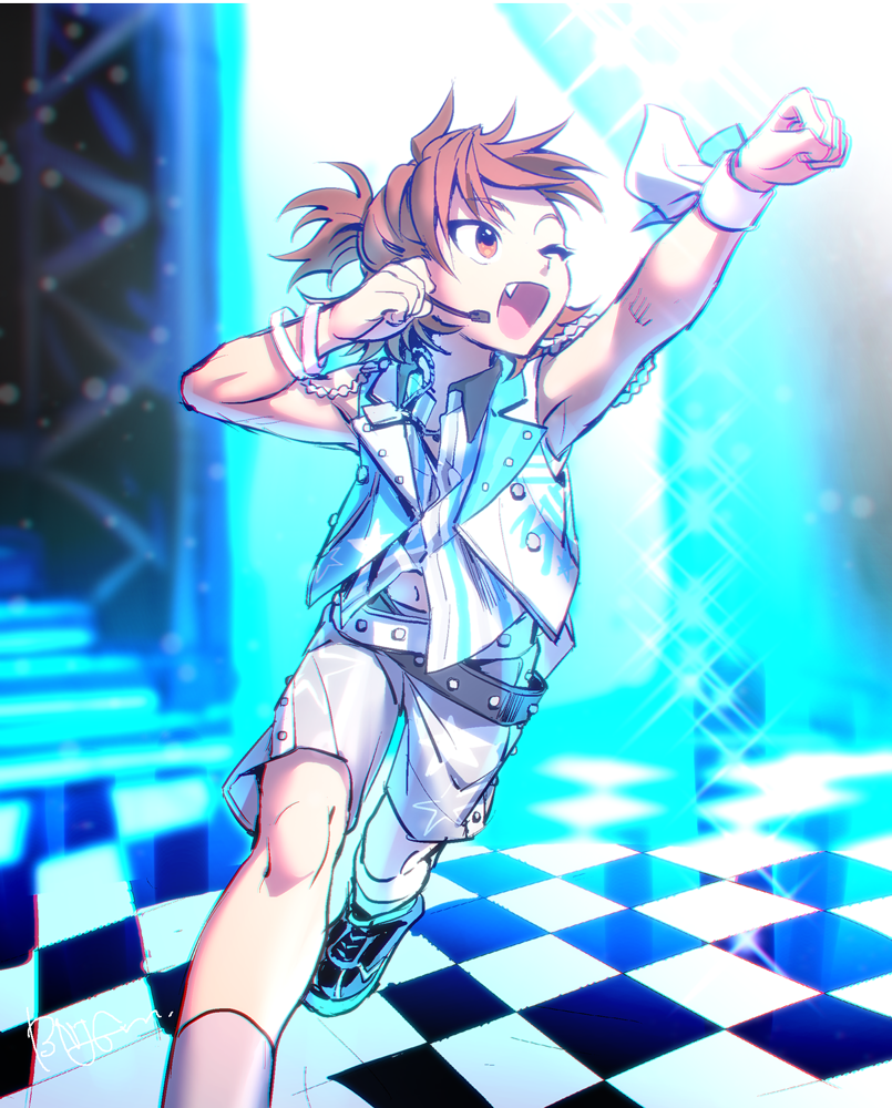 1boy, ;d, alternate_costume, belt, bnjgm., brown_eyes, brown_hair, checkered