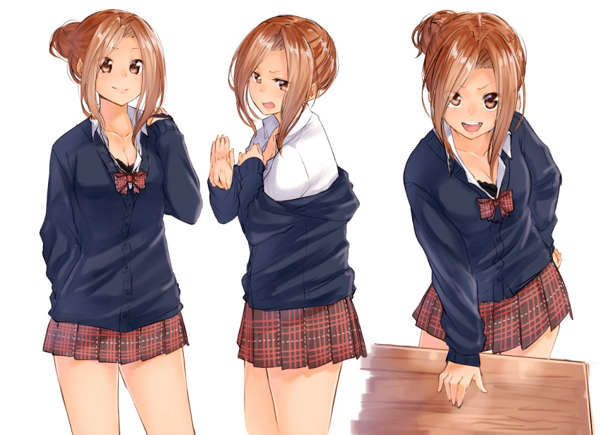 >:d, 1girl, :d, black_bra, bra, bra_peek, breasts, brown_eyes, brown_hair, brown_skirt, cardigan, closed_mouth, collarbone, collared_shirt, cowboy_shot, desk, gyaru, hair_bun, hand_on_hip, hand_up, kogal, kyoo-kyon_(kyo-kyon), lace, lace-trimmed_bra, light_brown_hair, looking_at_viewer, medium_breasts, multiple_views, open_mouth, original, plaid, plaid_skirt, pleated_skirt, school_uniform, shirt, simple_background, skirt, smile, teeth, underwear, white_background, white_shirt, wing_collar