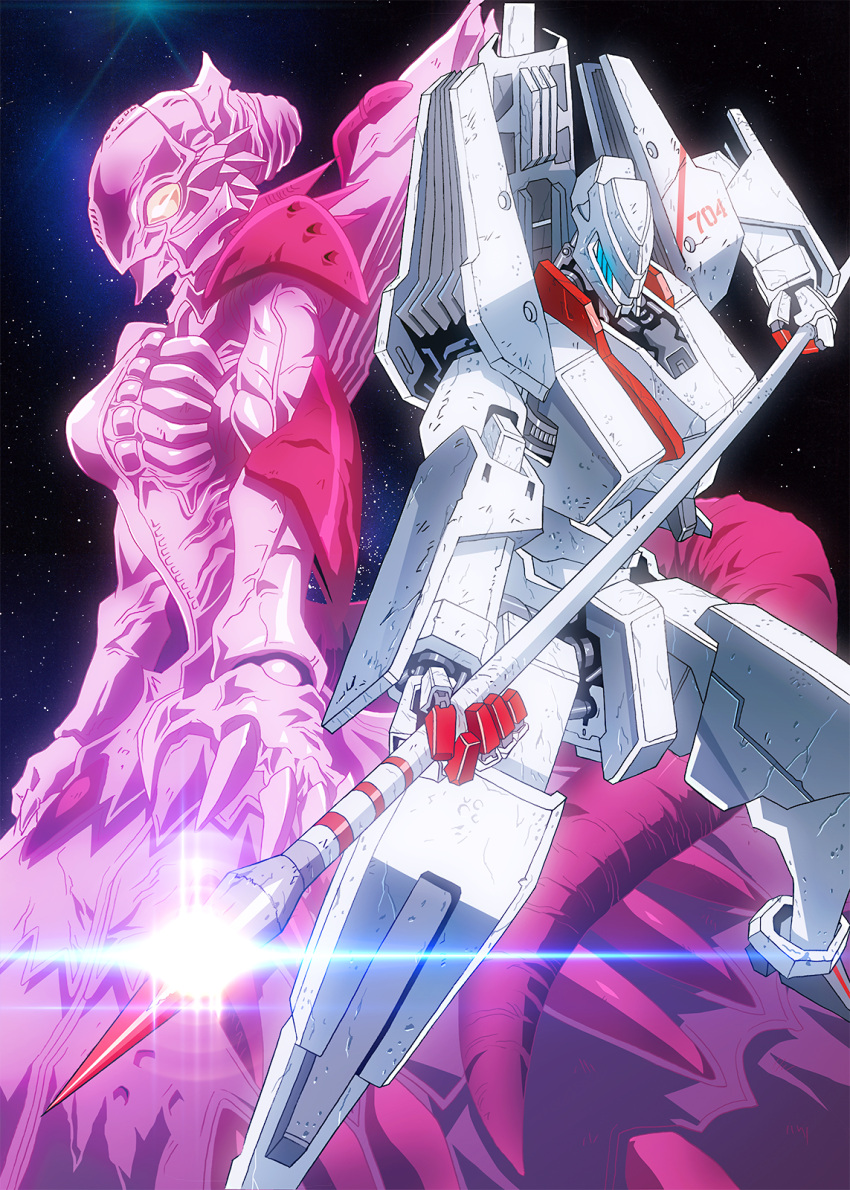 1girl, alien, damaged, gauna, highres, lens_flare, mecha, monster_girl