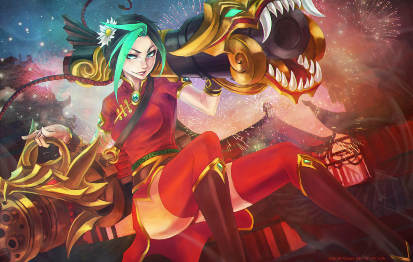 1girl, absurdres, alternate_hair_color, black_hair, boots, breasts, cannon, china_dress